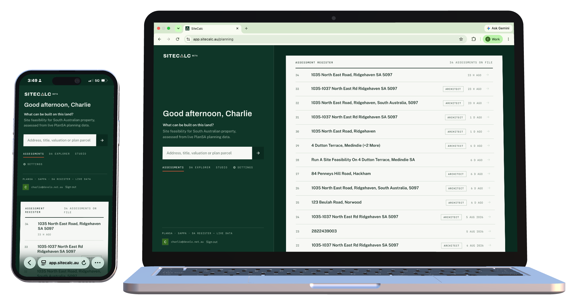 SiteCalc running in the browser on a MacBook and a phone: SiteCalc Planner with feasibilities on file
